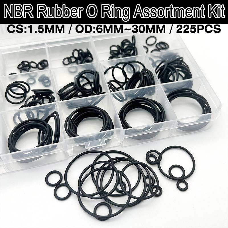 NBR Black O-Ring Assortment Kit 1 Box Of 225Pcs CS 1.5mm OD 6mm~30mm Nitrile Seals for Pumps/Valves Durable Mechanical Sealing