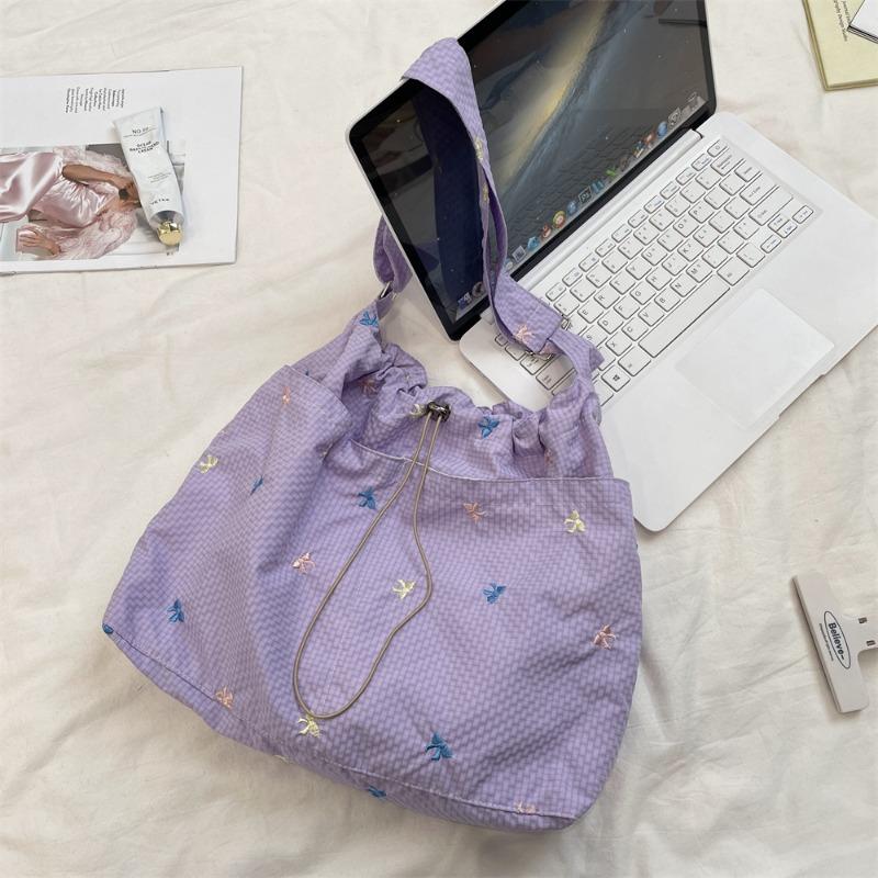 Spring and Summer New Fresh and Versatile Embroidered Bow Shoulder Bag Plaid Underarm Bag Lazy Canvas Bag