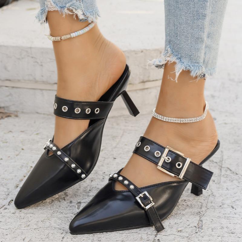 Fashion Summer New Sandals for Women Fashion Pointed Head Shallow Mouth Rivets Metal Buckle A Slip-on Wear-resistant Stiletto Heels