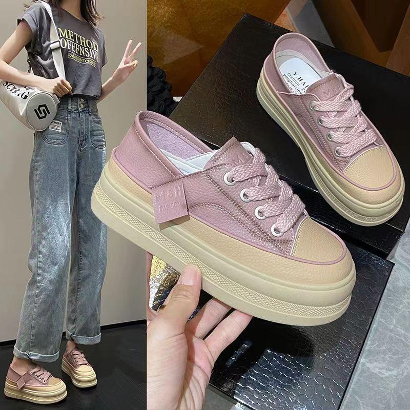 Versatile Thick-soled One-pedal Two-wear Little White Shoes for Women's 2024 Spring and Autumn New Breathable Soft-soled Casual Retro Board Shoes