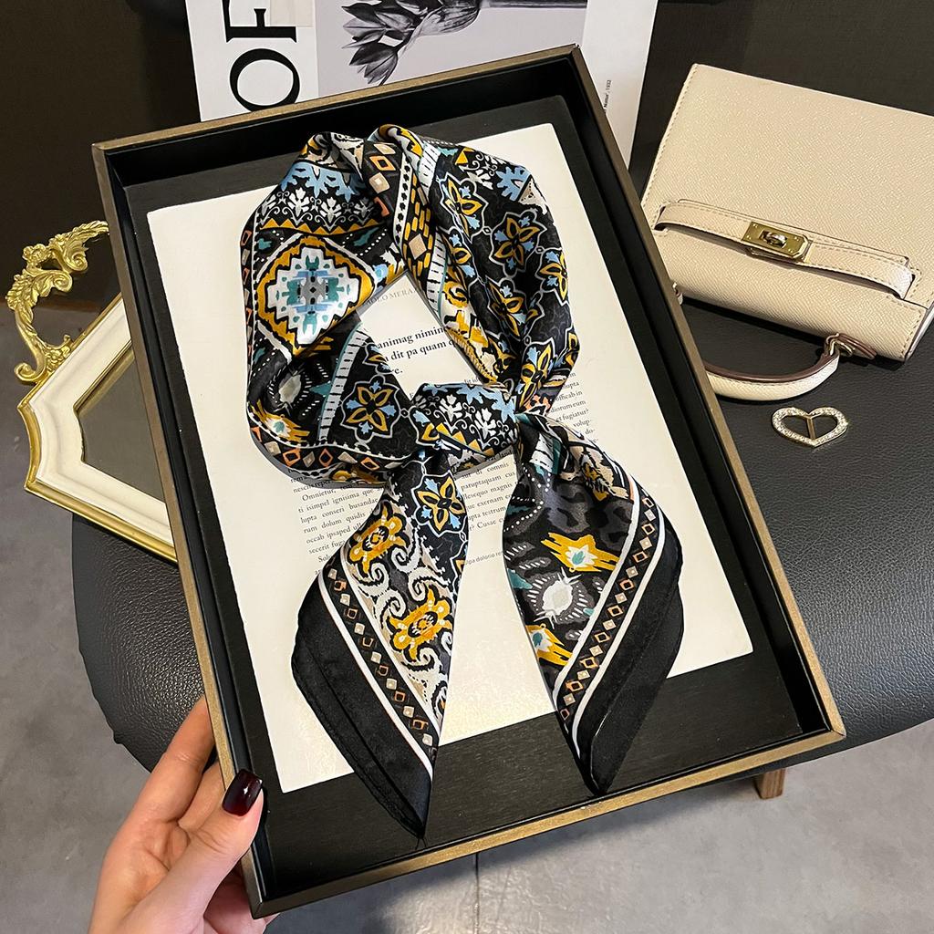 Luxury Floral Print Silk Square Scarf Women Soft Satin Kerchief Hairband Neckerchief Head Hijab Lady Headband Foulard Bag Ribbon