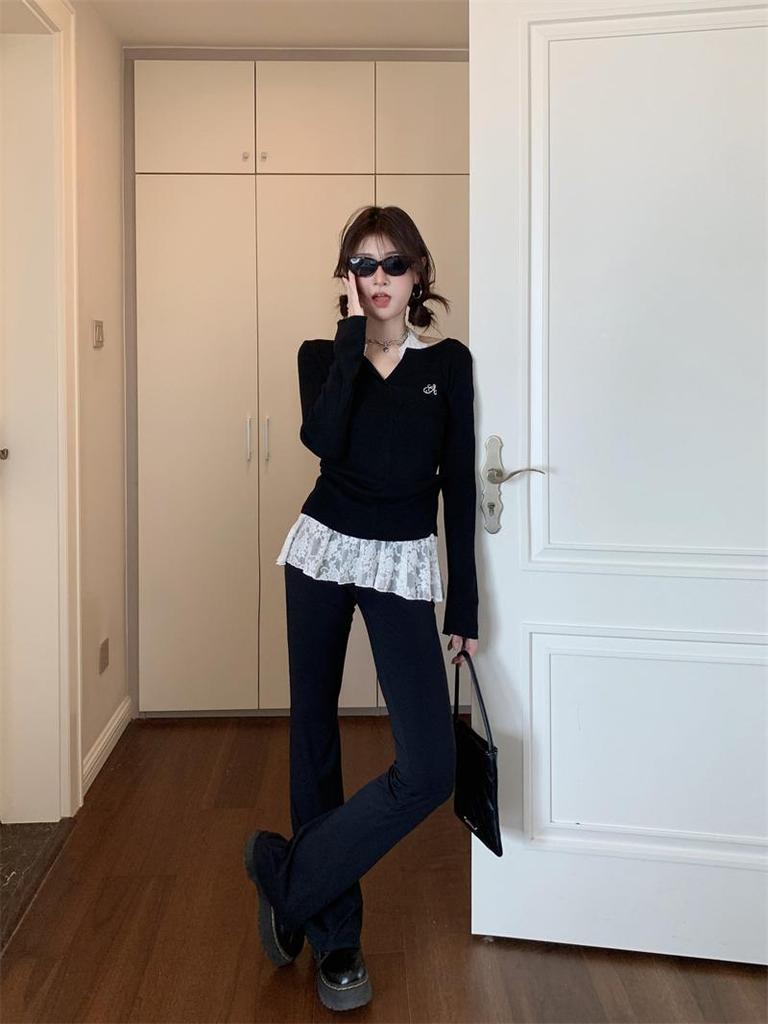 Women's Sweet & Spicy Chic Embroidered Slimming Black Long-Sleeve Sweater for Early Autumn