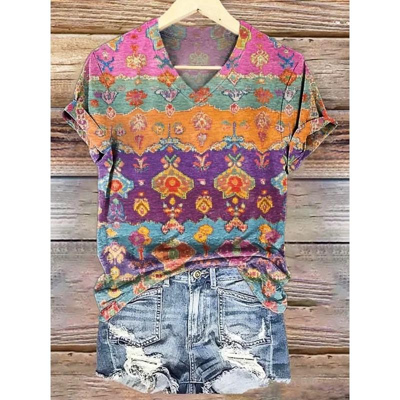 

Women s Vintage Classic Stylish V Neck Short Sleeve T-Shirt Floral Geometric Print Casual Regular Tops Daily Wear for Summer XL