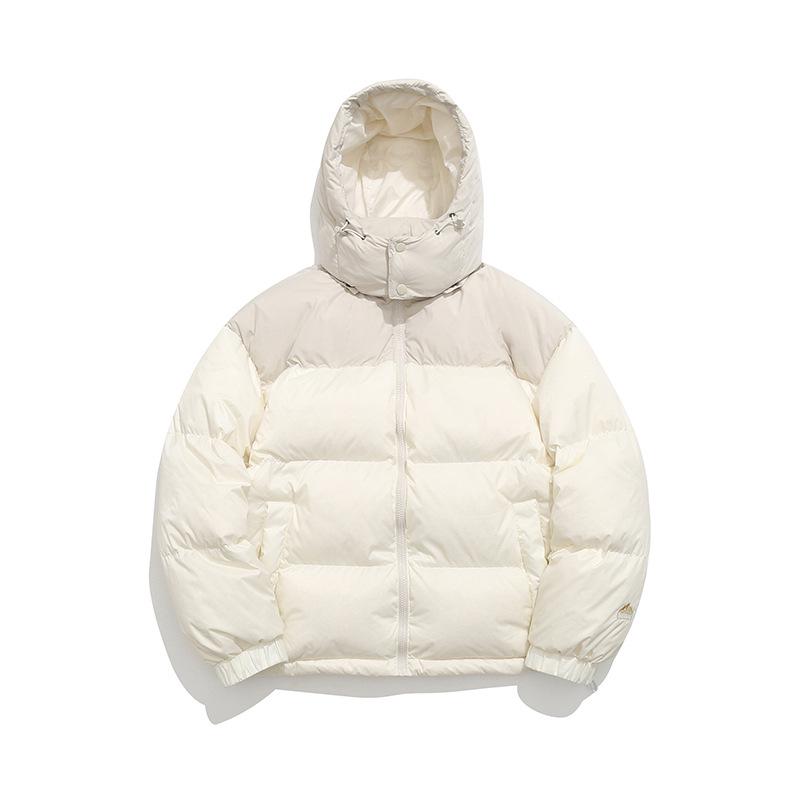 Unisex Retro Color Block Waterproof Hooded Down Jacket - 90 White Duck Down, Trendy Maillard Style Thick Puffer for Couples L