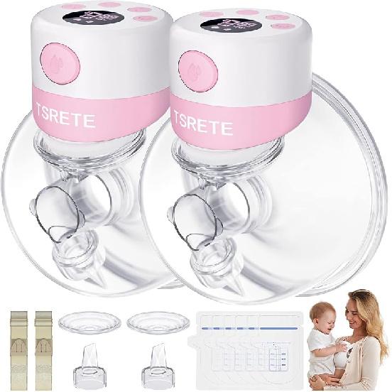 TSRETE Double Wearable Breast Pump, Electric Hands-Free Breast Pumps with 2 Modes, 9 Levels, LCD Display, Memory Function Rechargeable with Massage 24MM розовый