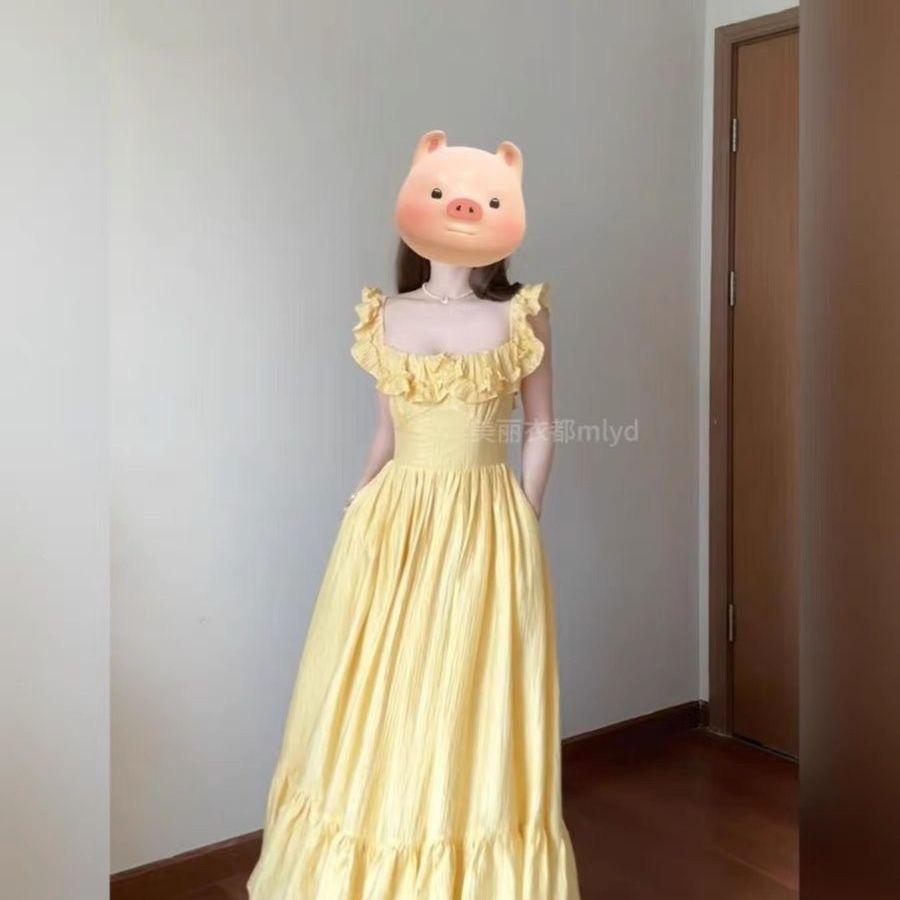 Summer Small Yellow Flower French Square Neck Fungus Edge Waist Skinny Long Skirt Vacation Dating Dress Women