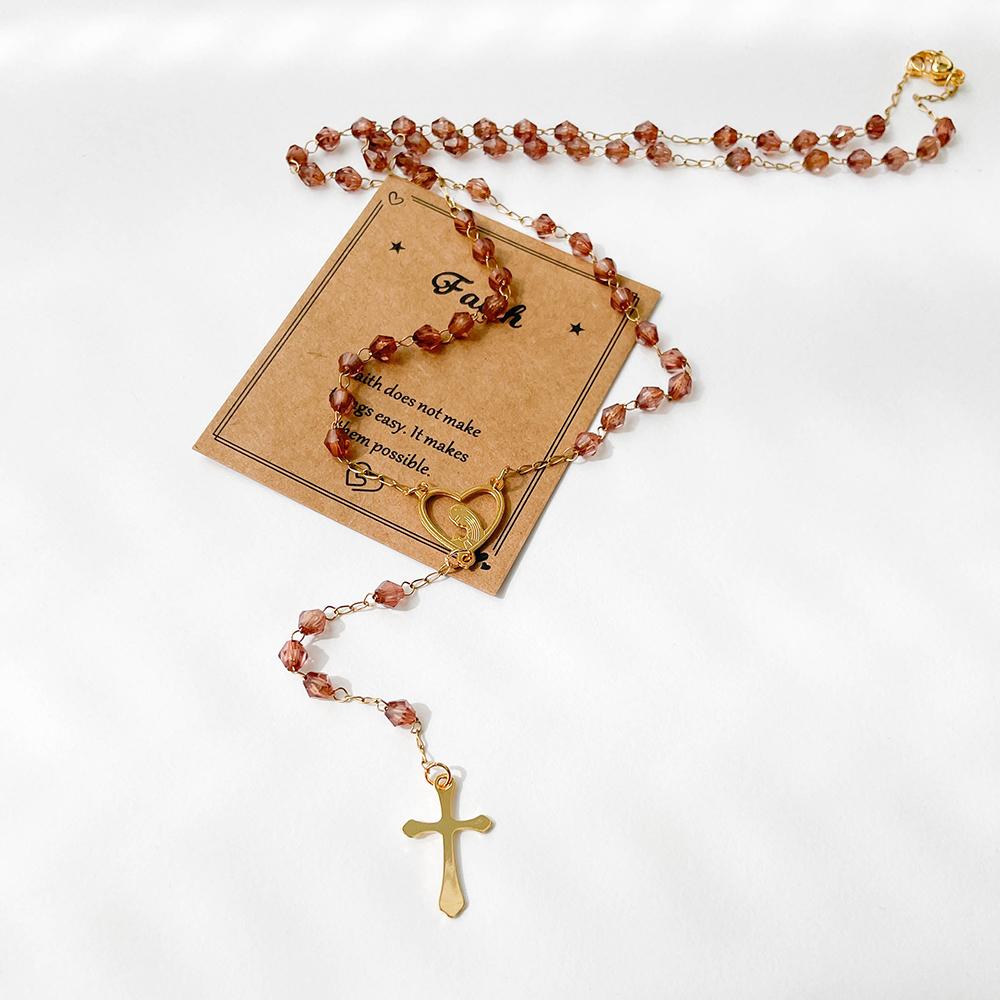 

4mm 50cm Y Shape Pink Facted Color Beads Chain Gold Color Stainless Steel Cross Pendant Rosary Necklace Women Girls Jewelry Gift 50cm коричневий