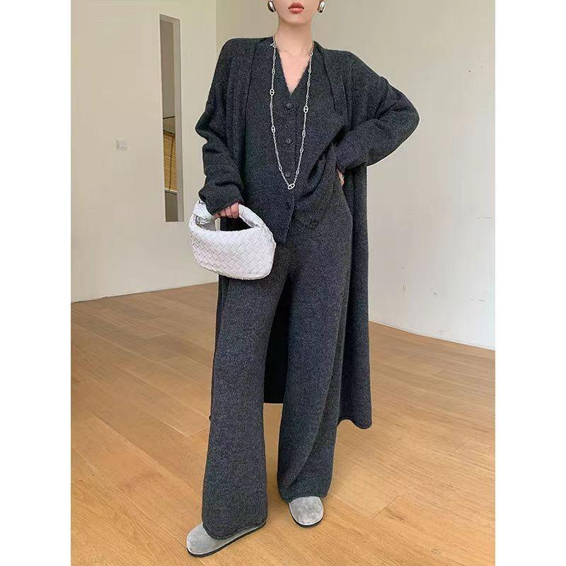 

Новый женский ленивый комплект из трех предметов, модный свободный трикотажный длинный свитер, повседневный комплект с брюками, простой для поездок на работу XL серый