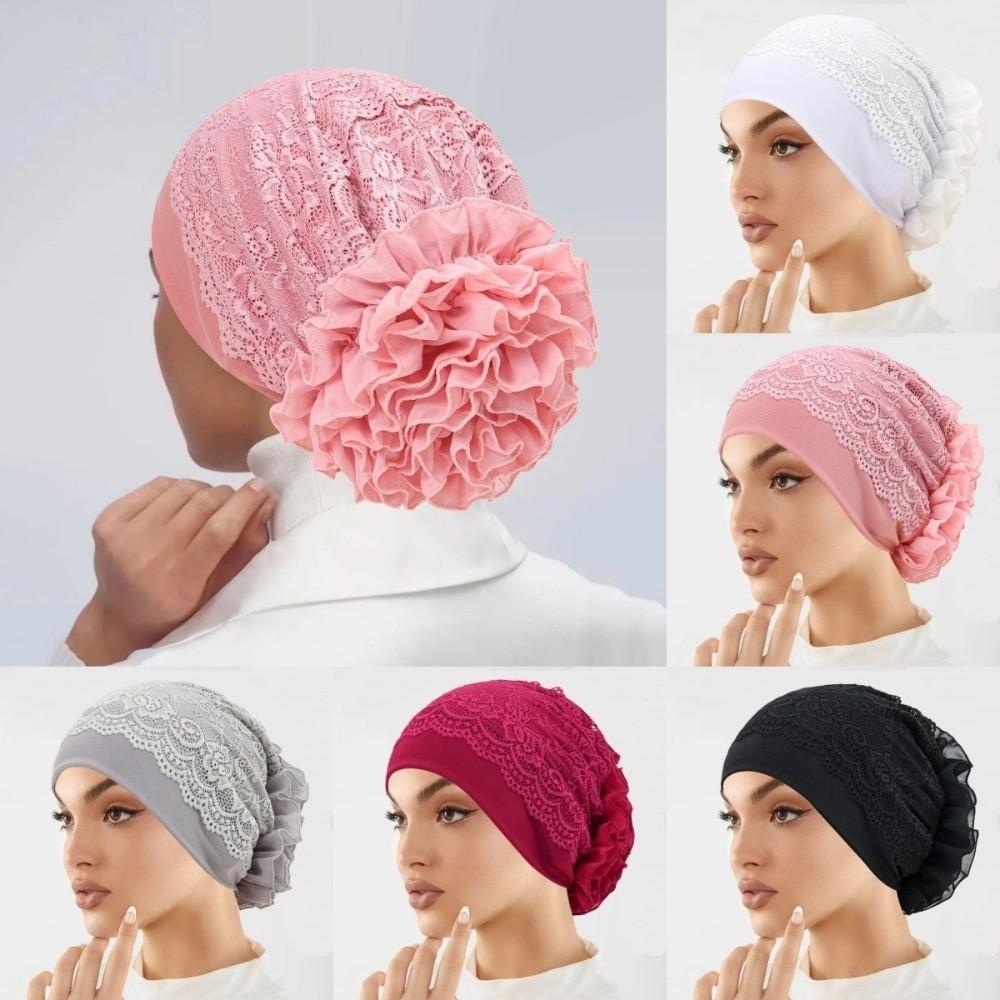 Elegant Headscarf Hat Lace Edge Women's Hijabs Flower Design Pullover Hat  Women Headwear