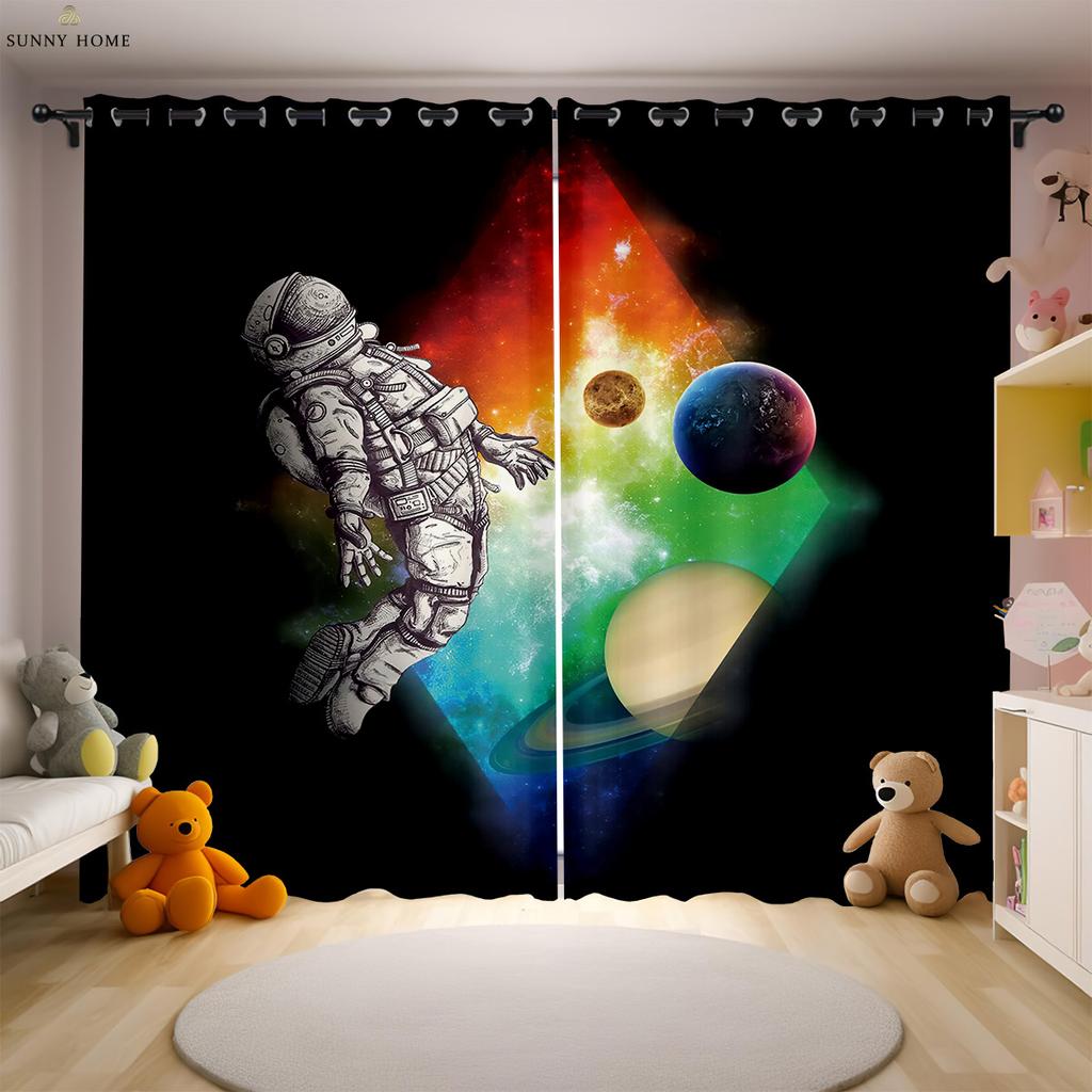 Dreamy Astronaut Cartoon Universe Printed Curtains Children's Room Window Curtains Easy To Wash And Care Home Decoration 2 PCS
