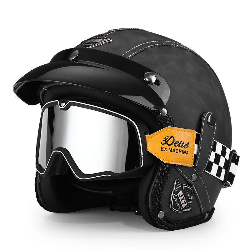 3C Vintage 3/4 Half Helmet Electric Motorcycle Summer Pedal Cruise Locomotive Leather Helmet Men and Women