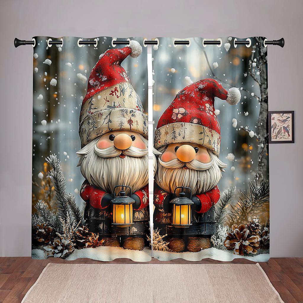 Christmas Gnome Curtains 2 Panels 3D Print Sun Block Winter Holiday Decor Bedroom Living Room Snow Lantern Pattern Cozy Festive