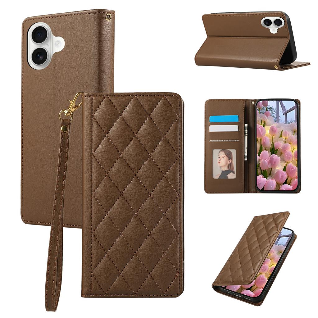 For iPhone 17 Air Case RFID Blocking Wallet Stand Rhombus Leather Phone Cover with Wrist Strap