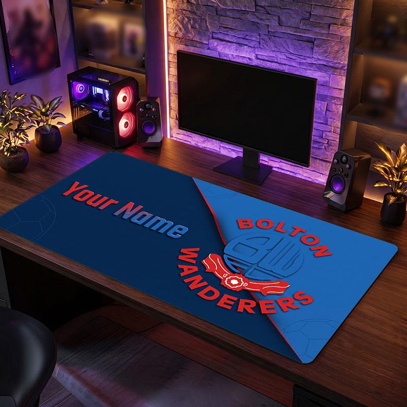 Bolton Wanderers FC Custom Large Mouse Pad, Personalized Name Text Print, Football Logo Non‑Slip Desk Mat Gaming Gift
