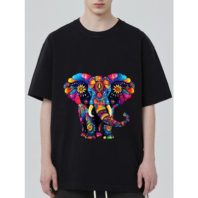 Colorful Elephant Pattern T Shirt Black Psychedelic Animal Print Unisex Casual Wear For Men Women Streetwear Fashion Top