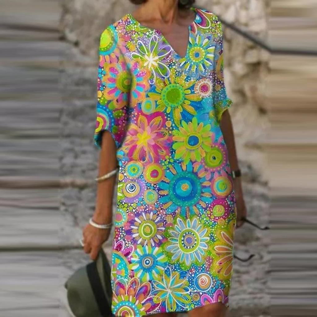 Women's Casual Fashion V-neck Personality Print Loose Mid-sleeve Dress