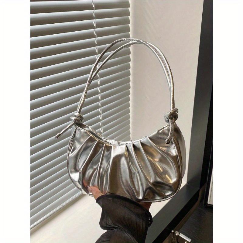 

Модная однотонная золотистая плиссированная женская сумка из ПУ, простая милая сумка через плечо, сумка кроссбоди. Подходит для покупок серебряный