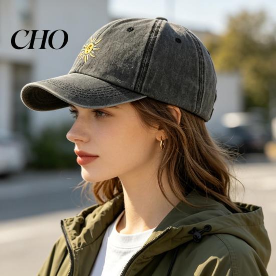 Summer Baseball Hat Embroidery Sun Pattern Hat, Adjustable Back Buckle Retro Distressed Lightweight Style Cap, Washed Cotton Fabric Outdoor