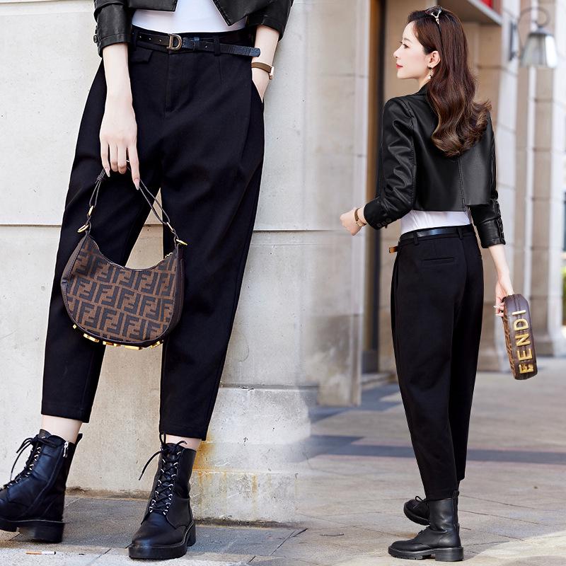 

Женские весенние 2025 года повседневные брюки-гаремы с высокой посадкой и поясом - в корейском стиле XXL (125-135 kg) чёрный