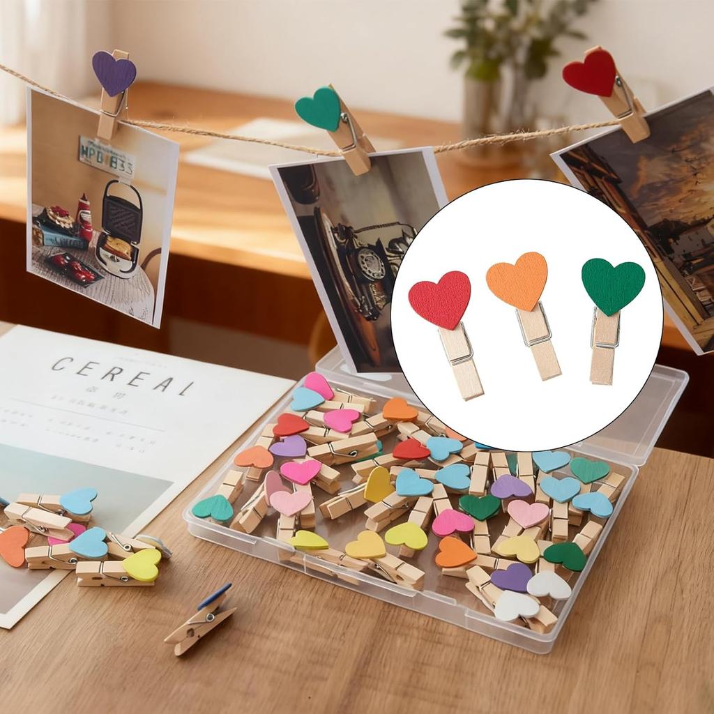 1.4 Inch Colored Wooden Heart Clothesp - 50Pcs Mini Cute Heart Clips, Small Clothes P for Photos, Classroom, Valentine's Day, Small Clips for