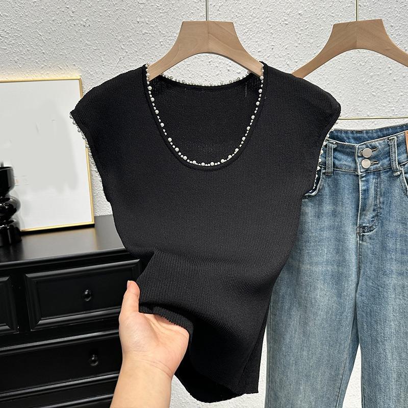 

Летняя мода бисерный женский вязаный жилет 2025 тонкий облегающий безрукавный топ с круглым вырезом однотонный повседневный простой элегантный блузка рубашка одежда One size чёрный