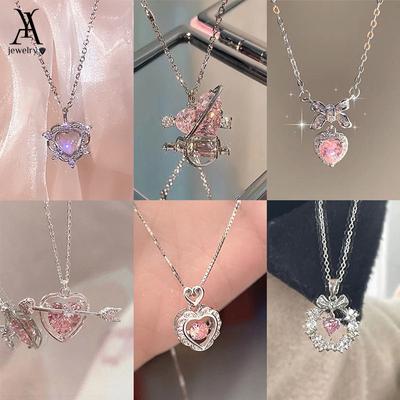 Sweet Pink Zircon Pendant Necklace Heart Bow Chain Choker for Women Jewelry Accessories