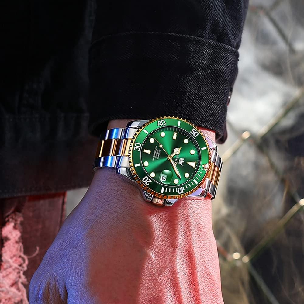 OLEVS Men's Mechanical Automatic Watch G6650 Waterproof Luminous Date Stainless Steel Green and Gold