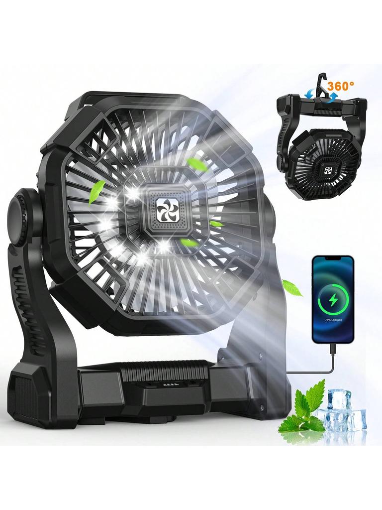 Cold Air Battery Powered Fan With LED Lantern,Dual Motor Camping Fan, 4-Speed Adjustable Desktop Fan With Hook
