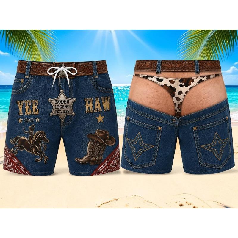 Funny Men Swim Trunks, Leopard Faux Bikini Beach Shorts Fake Denim Gift Shorts Novelty Gag Gift for Him Pool Party Outfit Shorts
