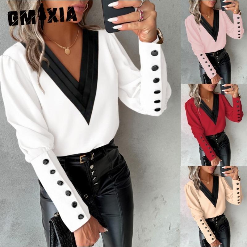 GMXIA Women's Fashion Casual Solid Color Print Long Sleeve V Neck Blouses & Shirts