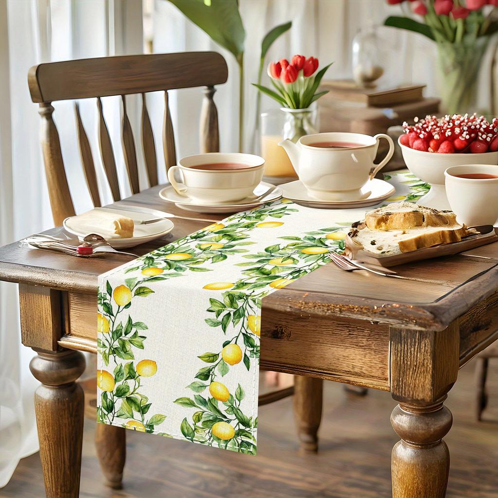 Lemon Leaf Printed Linen Table Runner Holiday Party Decor Watercolor Lemon Green Leaves Table Runners Kitchen Dining Table Decor