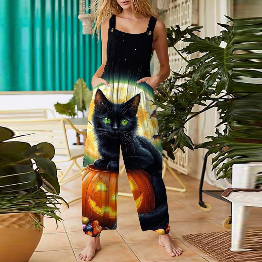 Women's Casual Halloween Printed Jumpsuit Sleeveless Printed Cotton Jumpsuit