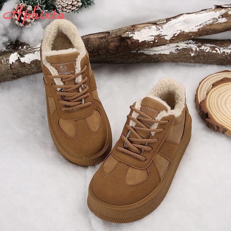 

Aphixta Brown Winter Boots Platform Furry Women Ankle Boots Long Plush Lace Up Warm Shoes botas mujer botines Big Size 41 36
