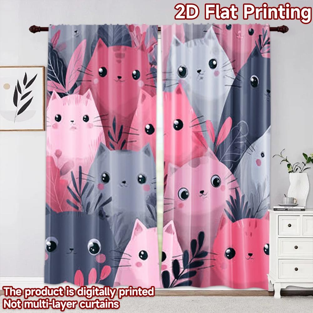 2D flat printing 2pcs Curtain Scene Curtains Cute Pink Cats Digital Printed Polyester Drapes Family Party Decoration Use for