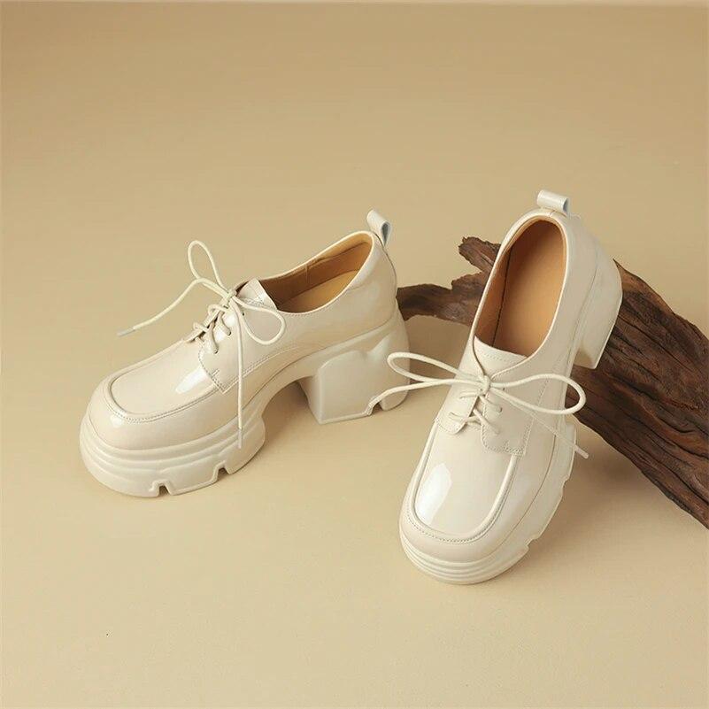 FOREADA Women Patent Leather Pumps Round Toe Platform Thick High Heels Lace-up Ladies Fashion Shoes Spring Autumn Black Beige