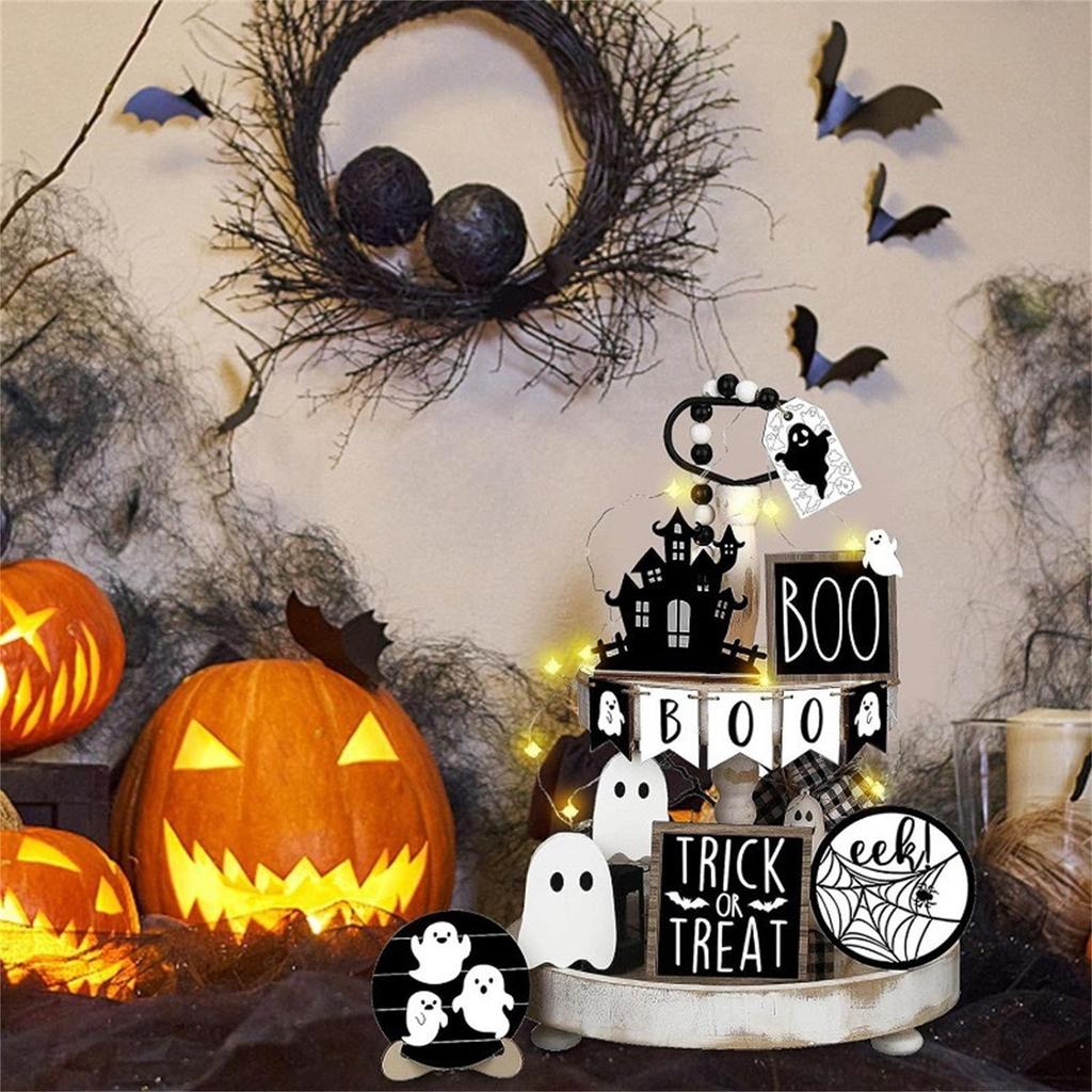 Halloween Tiered Tray Decor Set Cute Tray Decorations Halloween Wooden Signs Rustic Decoration For Home Table Party Supplies