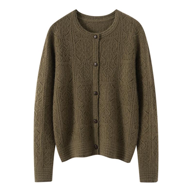 Round Neck Hollow Cashmere Cardigan - 2026 Autumn Women's Elegant Single-Breasted Versatile Warm Outerwear
