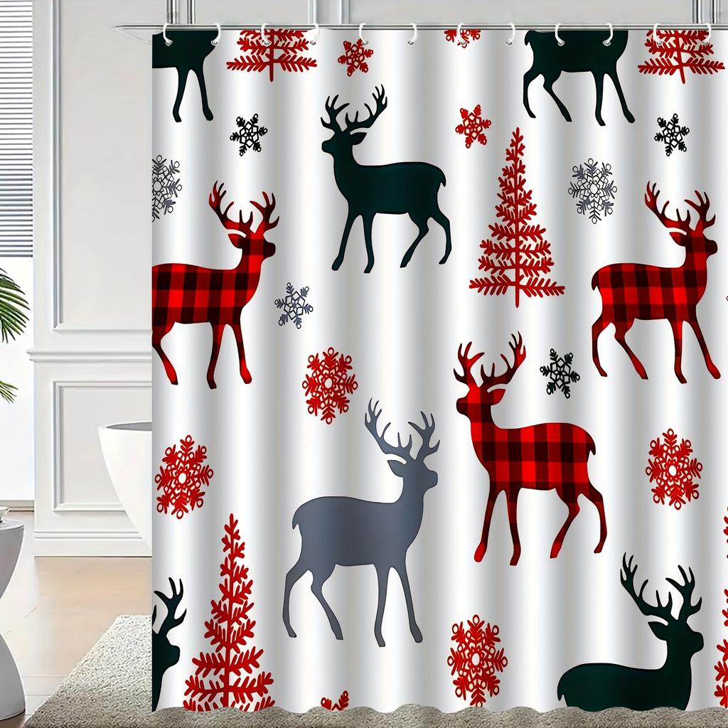 Snowflake Deer Pattern Shower Curtain, Suitable For Home Bathroom Decoration, Polyester Fabric Bathtub Window Curtain