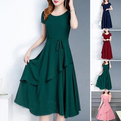 Damen Sommerkleid A-Linie Patchwork Midikleid O-Ausschnitt Kurze Ärmel Schnürung