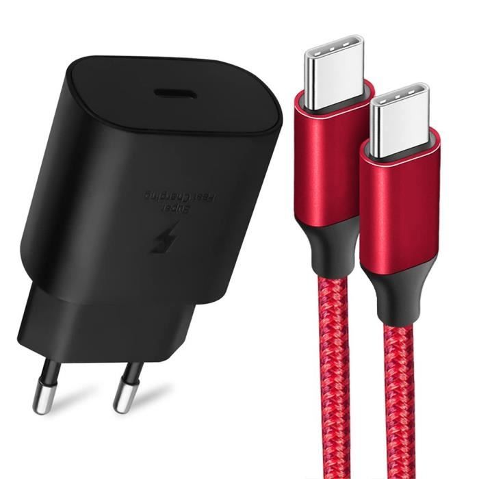 Chargeur Rapide USB-C 25W - e.F.Connection - Câble Nylon 1M - Compatible Xiaomi Note 14/Note 13 - Rouge