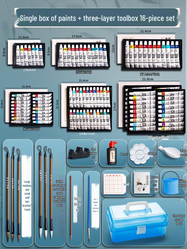Čínské malířské pigmenty: 12 barev pro začátečníky v kaligrafii a sada 24 barev pro malbu Gongbi pro studenty a děti