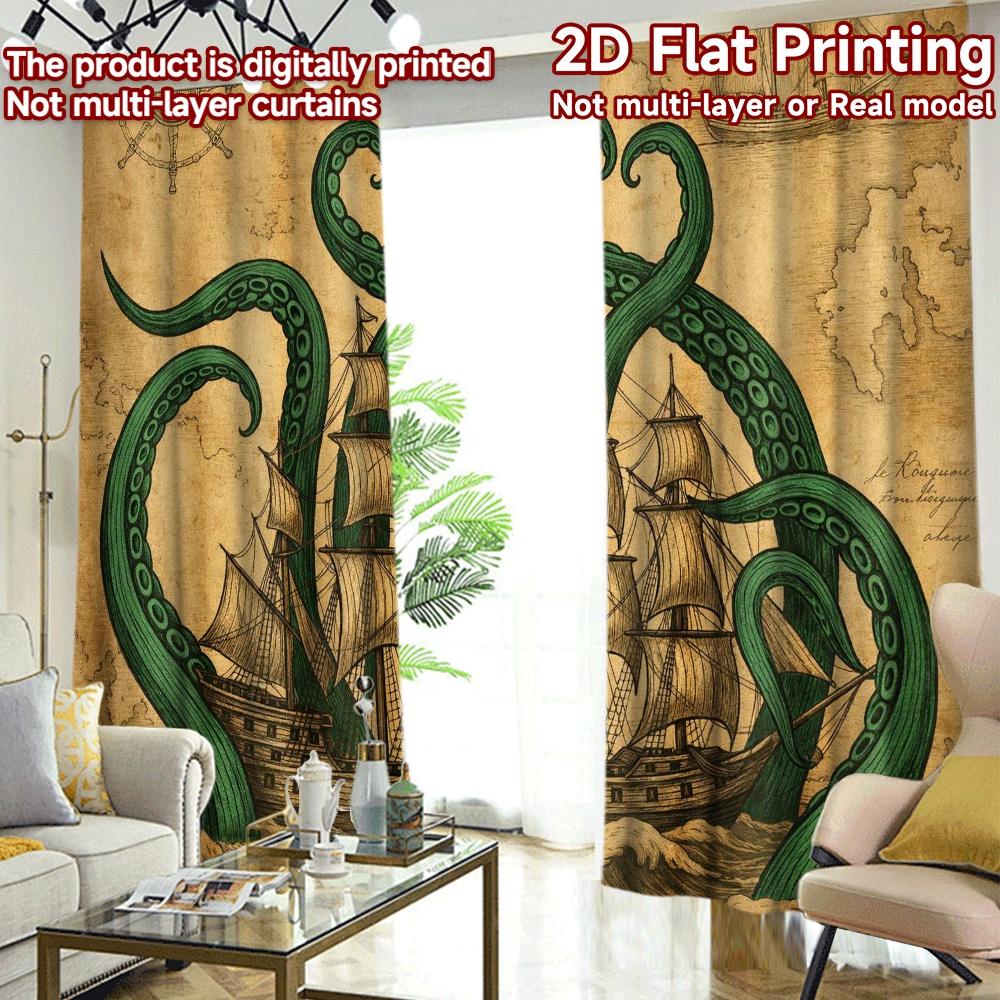 2D FLAT PRINTING 2pcs Curtains (Without Rod) Ship vs Sea Monster Pattern Modern Curtains Durable 100% Polyester Fabric Curtains