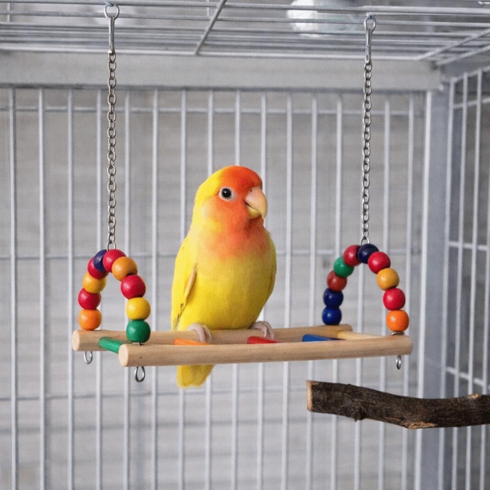 Bird Perch Stand Bite Resistant Parrot Swing Wooden Hanging Beads Bird Colorful Bird Cage Standing Training