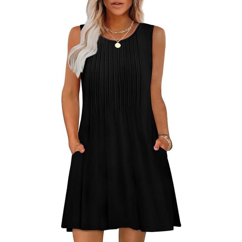 Dámské strečové bezrukávové šaty s potiskem a kapsou s kulatým výstřihem