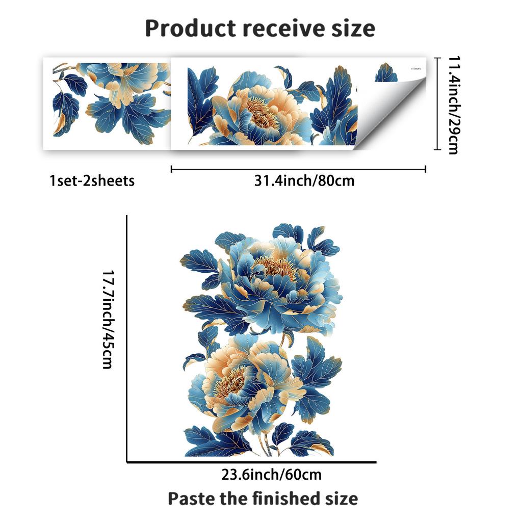 Niebieski Kwiat Peonii Naklejka Ścienna do Sypialni Salonu Przedpokoju Wystrój Domu Sztuka Ścienna Samoprzylepny Winyl
