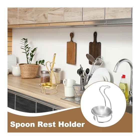 uxcell Spoon Rest Holder, Stainless Steel Upright Ladle Rack Set with Round Stainless Steel Bowl for Home Kitchen Countertop, Portable Upright Spoon