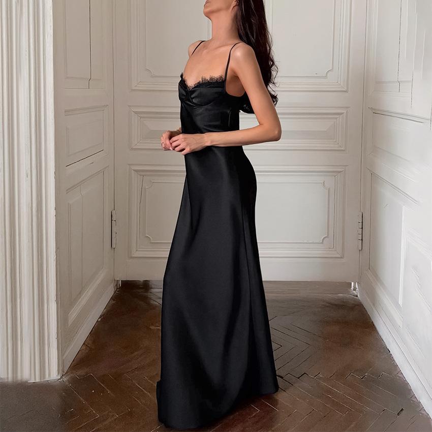 French pure lace dress waist slim fishtail skirt v-neck suspender fashionable sexy high split long dress women
