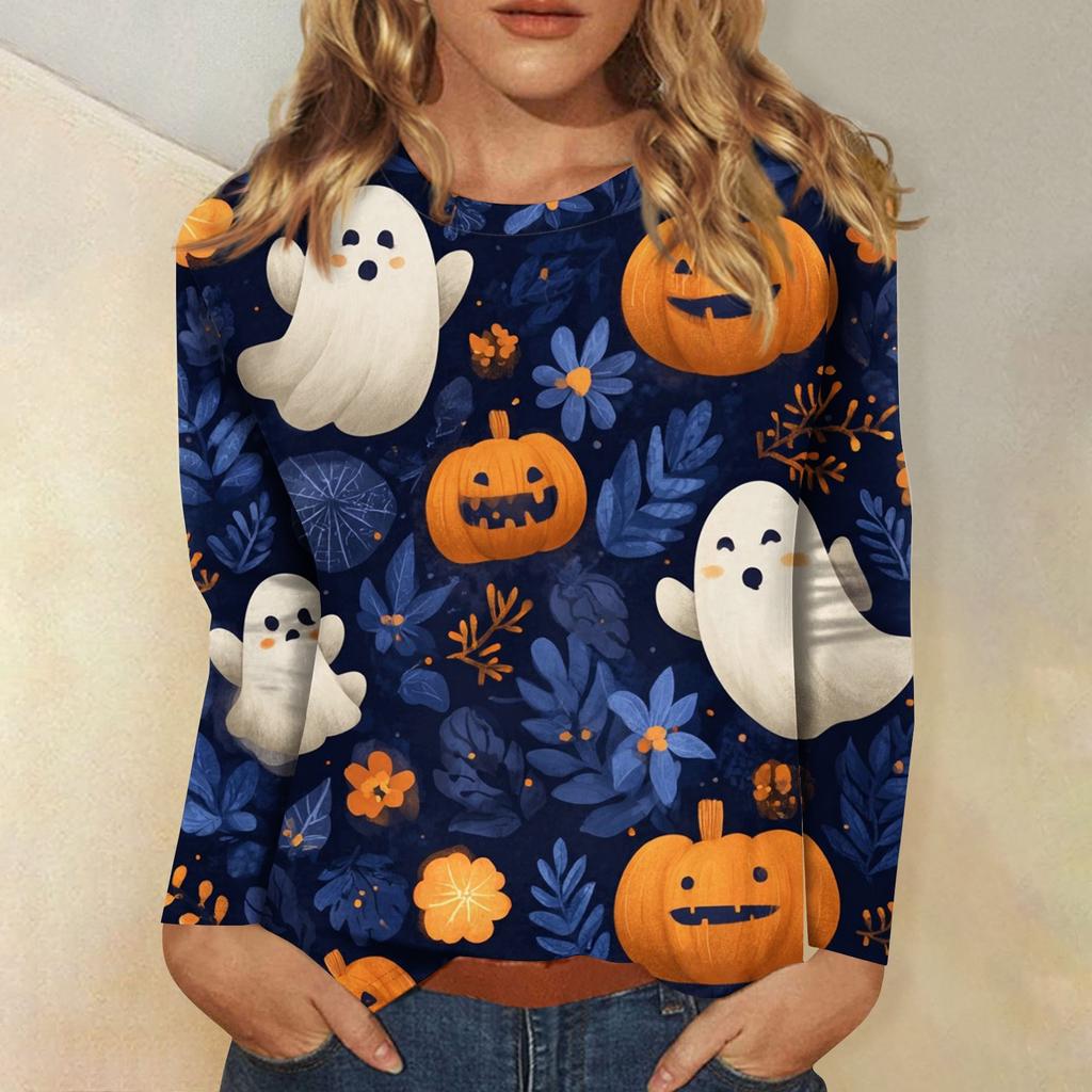 Women's long-sleeved loose-necked Halloween print casual top , suitable for holiday parties