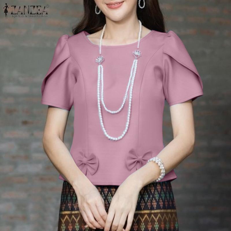 ZANZEA Women Summer Round Neck Solid Color Casual Short Sleeve Blouse