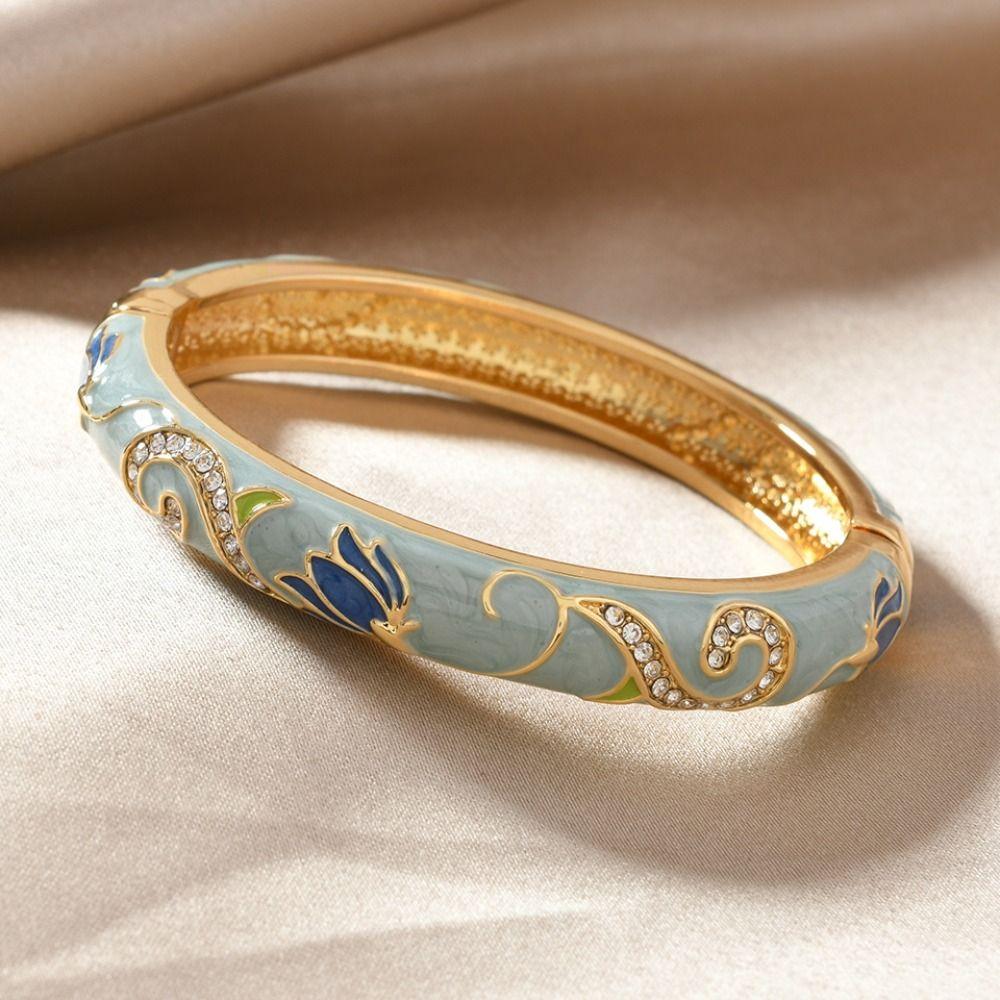 Enamel Chinese Cloisonne Bracelet Traditional Cheongsam Bracelet Lotus Flower Bangle  Daily